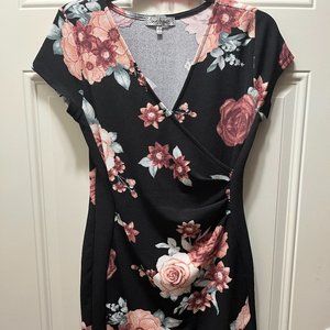 CraveFame Black Floral Wrap Dress Size L
